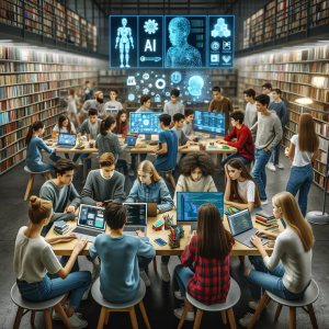 DALL·E 2024-01-26 11.36.38 - A group of teenagers in a library, actively engaged in learning about artificial intelligence. The scene shows a modern library with large bookshelves