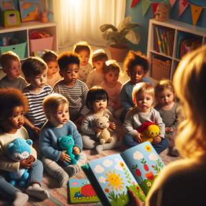 DALL·E 2024-01-17 17.14.01 - A scene with toddlers of various skin colors being read a story. The children are sitting on the floor, their faces showing curiosity and excitement.