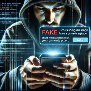 DALL·E 2024-10-09 14.53.46 - A tense and dynamic image showing a person looking at a smartphone with a phishing message. The screen displays a fake notification from a bank or gov